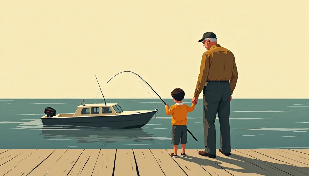 A grandfather and grandchild fishing from a jetty