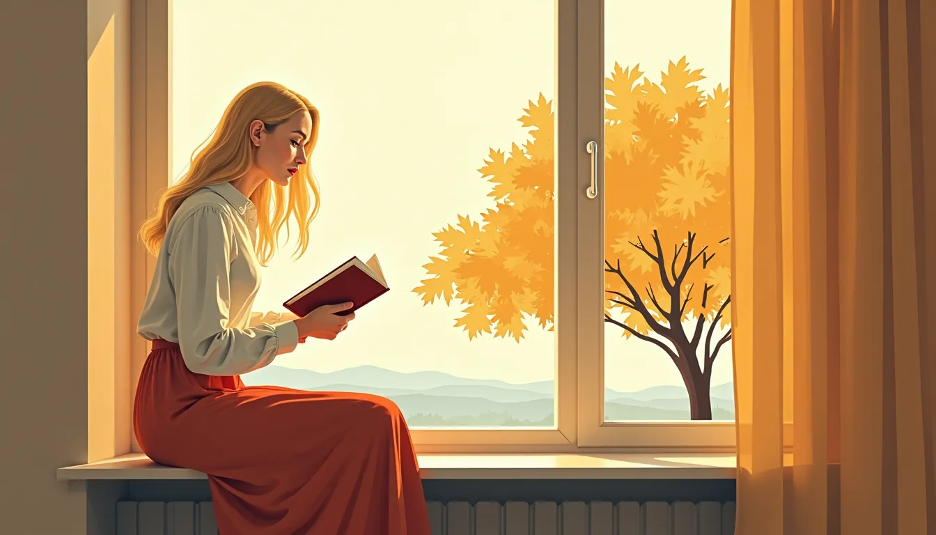 Jeune femme blonde aux traits slaves lisant un livre assise sur le rebord d’une fenêtre, un arbre aux feuilles d’automne dehors