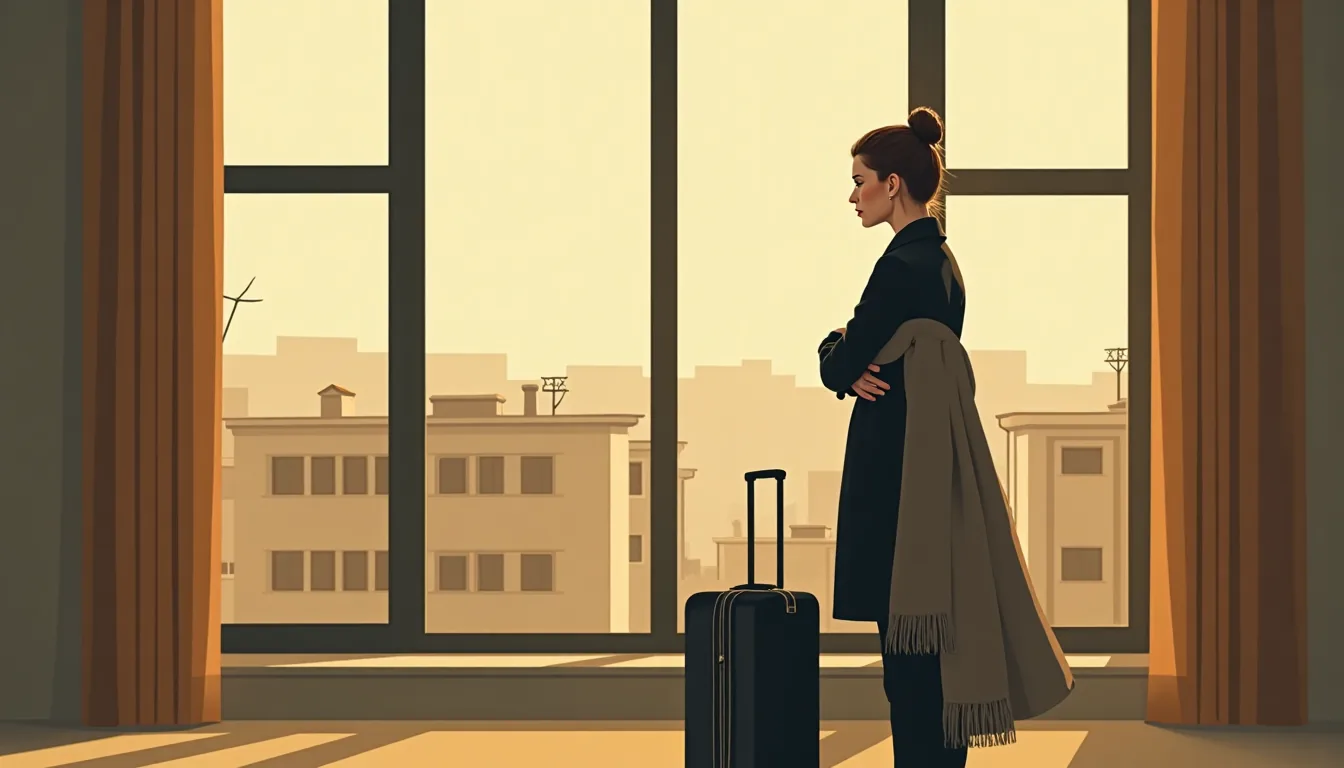 Femme ukrainienne en diaspora européenne à la fenêtre, illustration mid-century