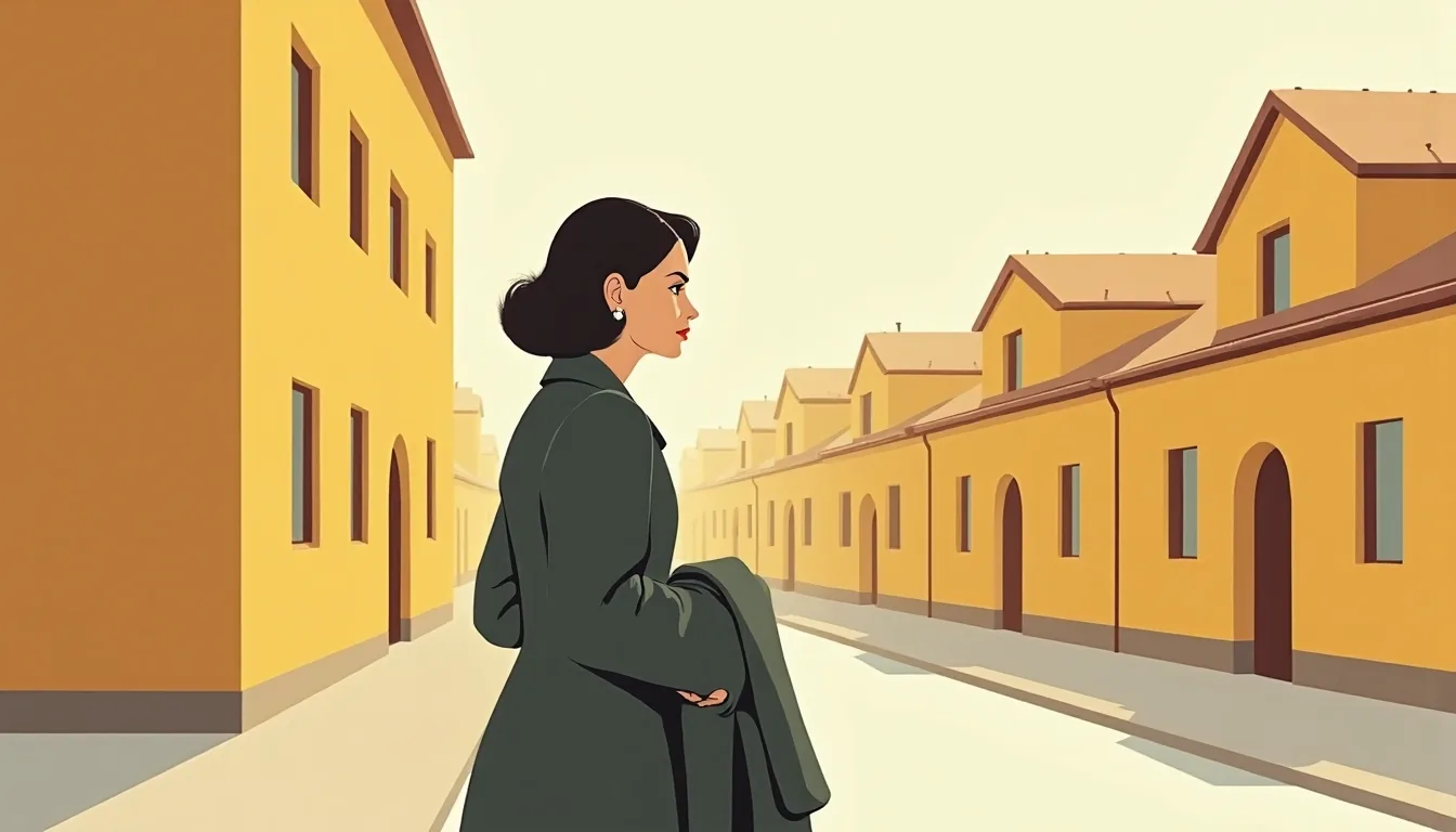 Femme ukrainienne marchant dans une rue européenne, illustration mid-century