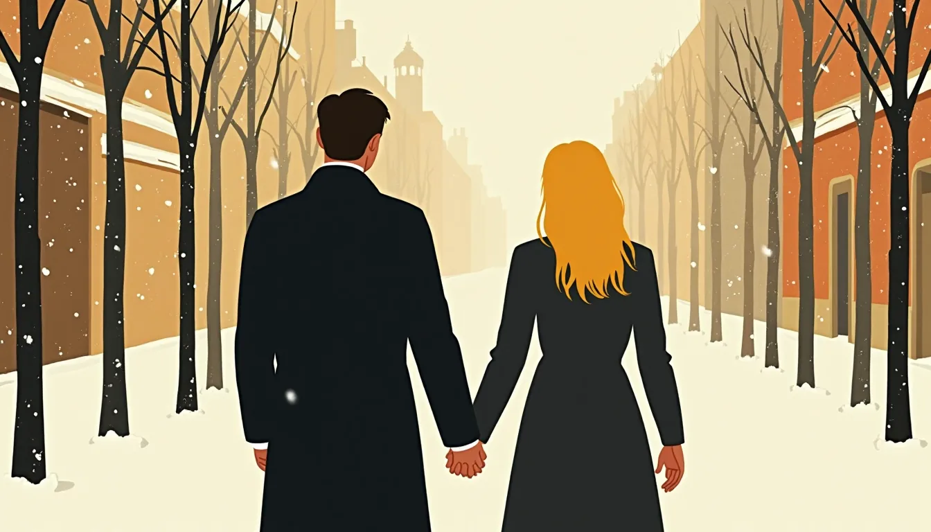 Un homme brun et une jeune femme russe blonde, de dos, main dans la main dans une rue enneigée