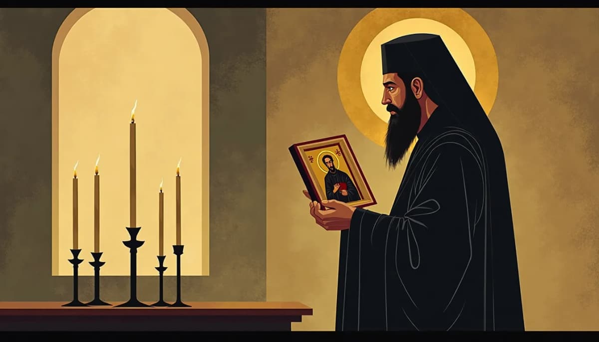 A bearded Orthodox priest in a black cassock holding an icon in a church lit by candles