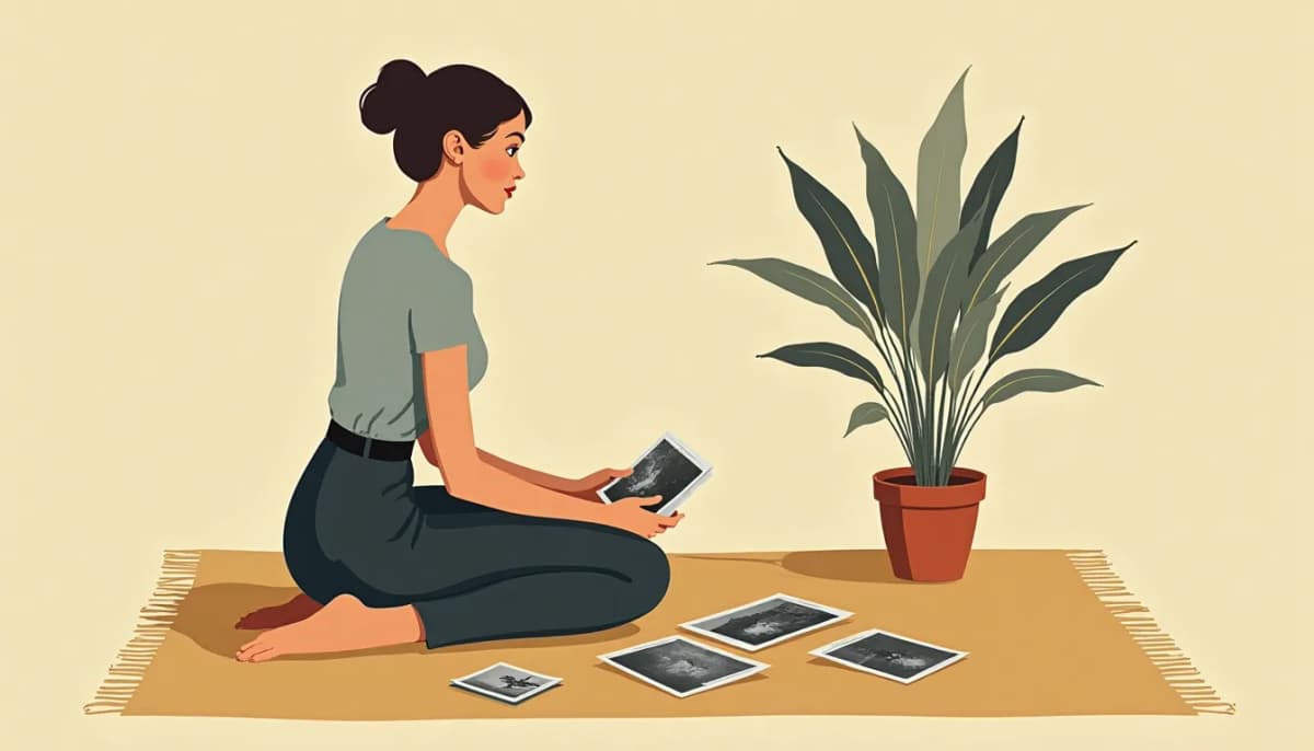 A woman sorting old photographs on a rug
