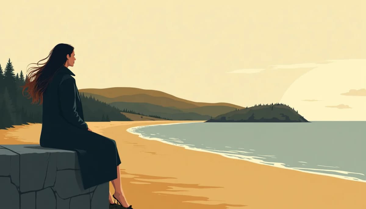 A woman on a sea wall facing an empty shore