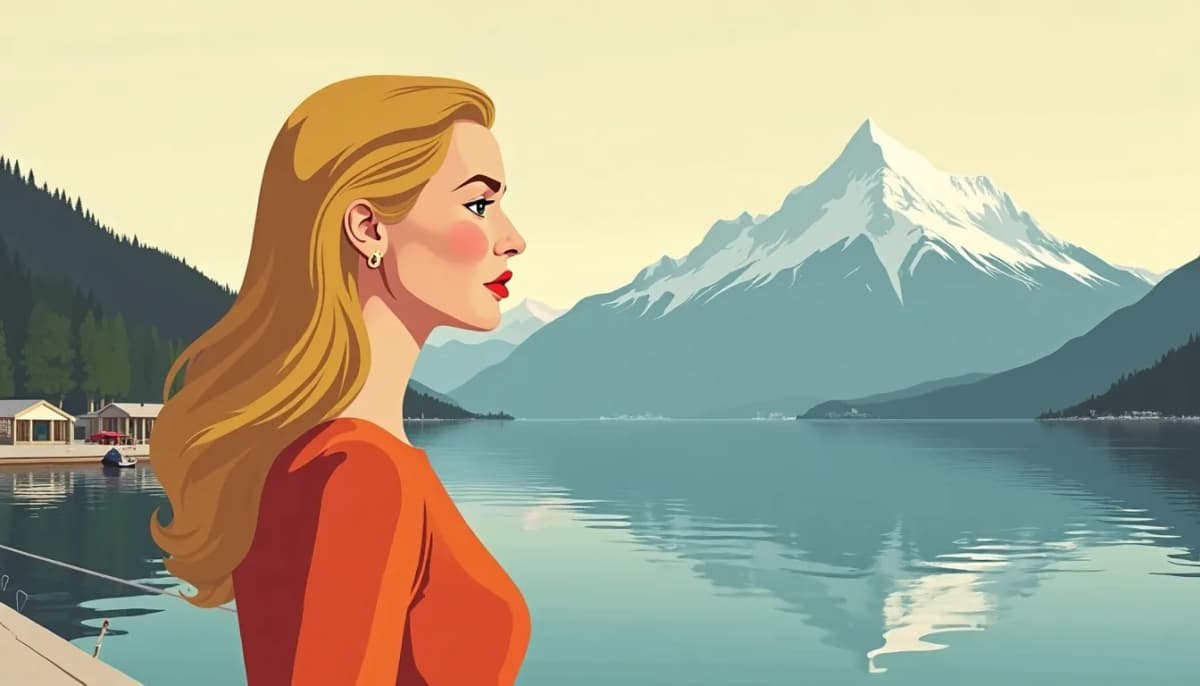 Femme russe aux cheveux blonds sur la jetée des Bains des Pâquis à Genève, le Mont-Blanc enneigé au loin