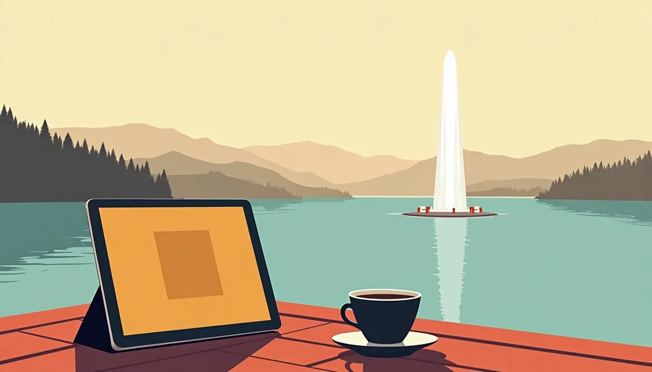 Tablette dressée près d’une tasse de café sur une terrasse face au lac Léman, le jet d’eau au loin