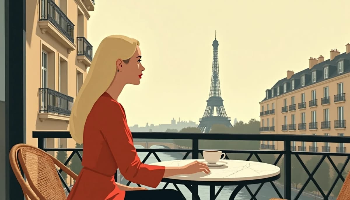 Couple franco-russe devant un boulevard haussmannien et la tour Eiffel — agence matrimoniale russe à Paris