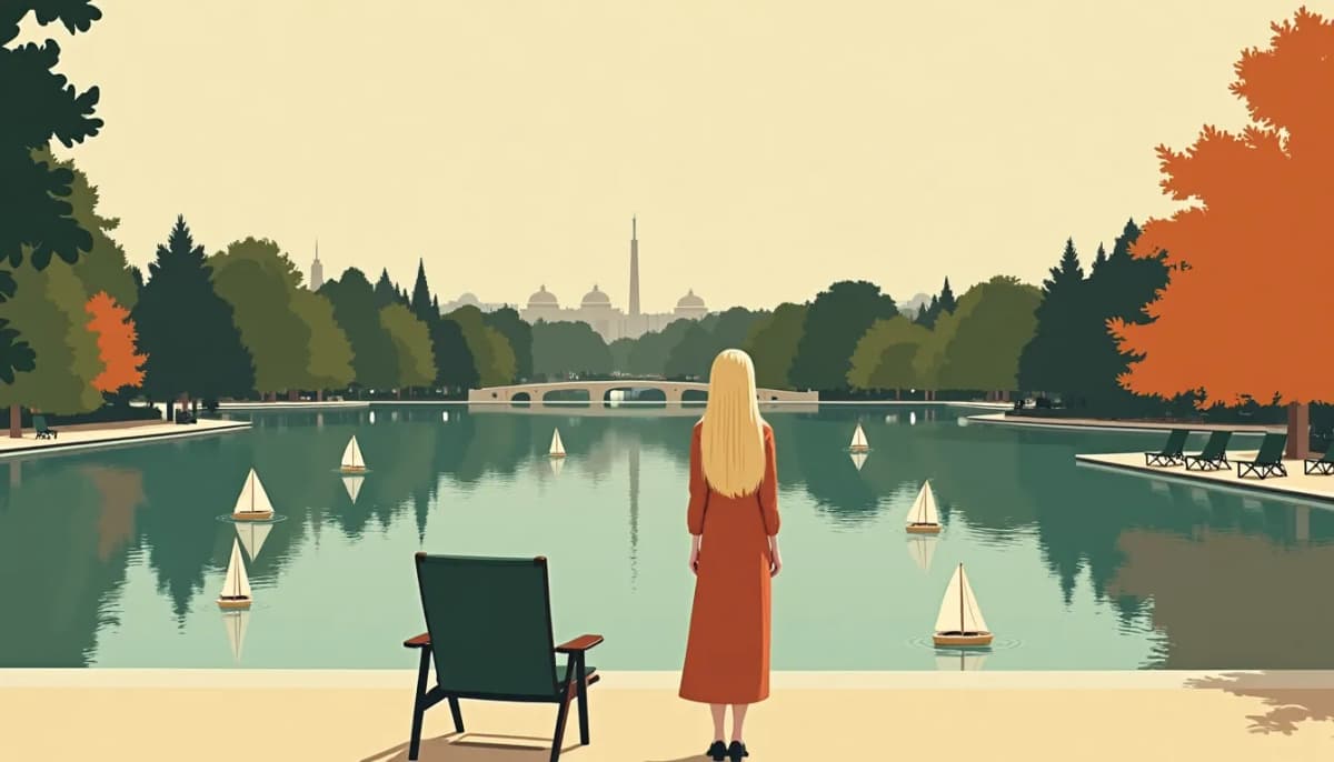 Femme russe aux longs cheveux blonds au bord du grand bassin du jardin du Luxembourg, des petits voiliers sur l’eau