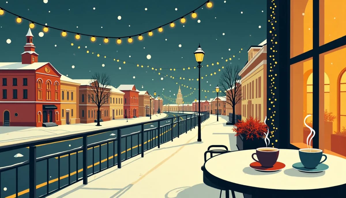 La rue Nikolskaïa à Moscou un soir d’hiver sous ses guirlandes, deux tasses de thé fumant sur une table de terrasse