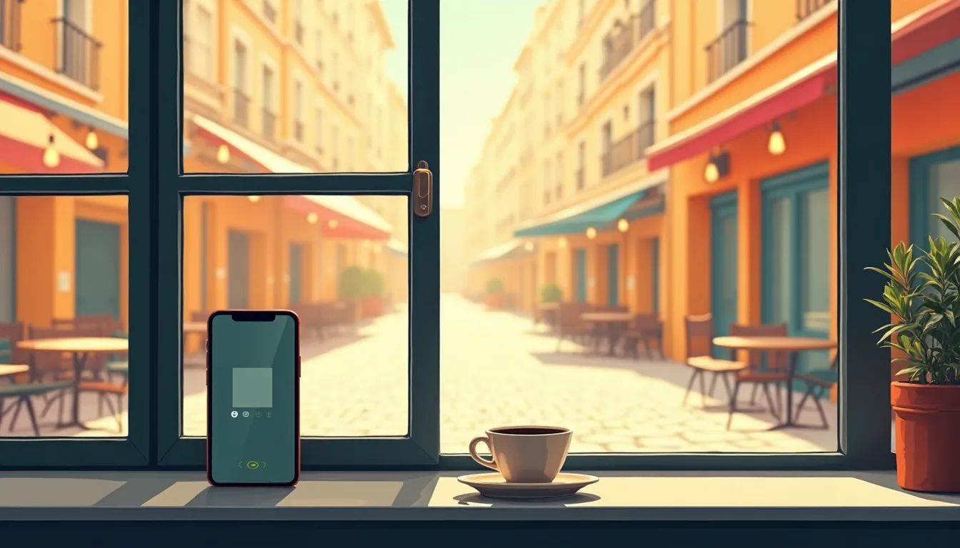Téléphone dressé près d’une tasse de café sur le comptoir d’un bistrot parisien, un appel vidéo à l’écran, la rue pavée déserte derrière la vitrine