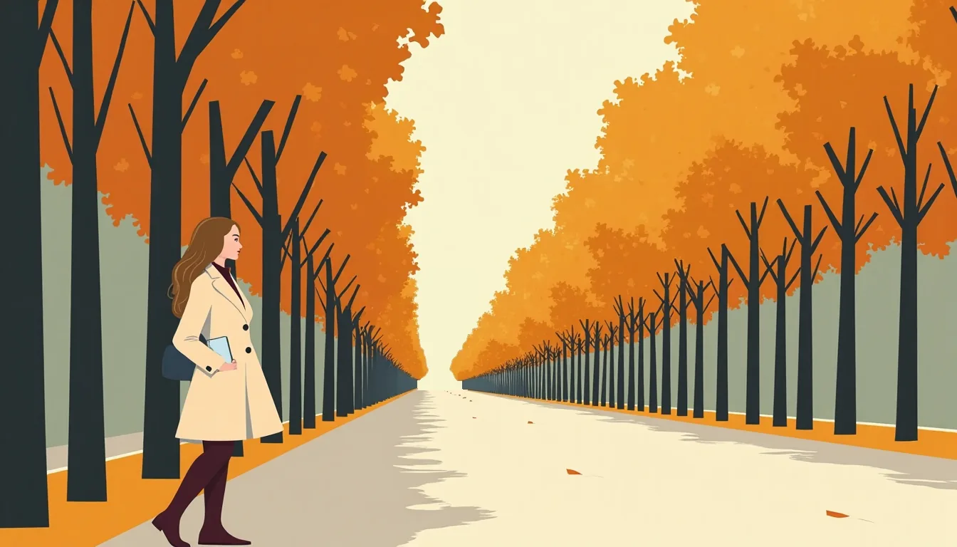 Jeune femme aux longs cheveux châtain clair et manteau crème marchant sur un boulevard bordé d’arbres d’automne, son téléphone à la main