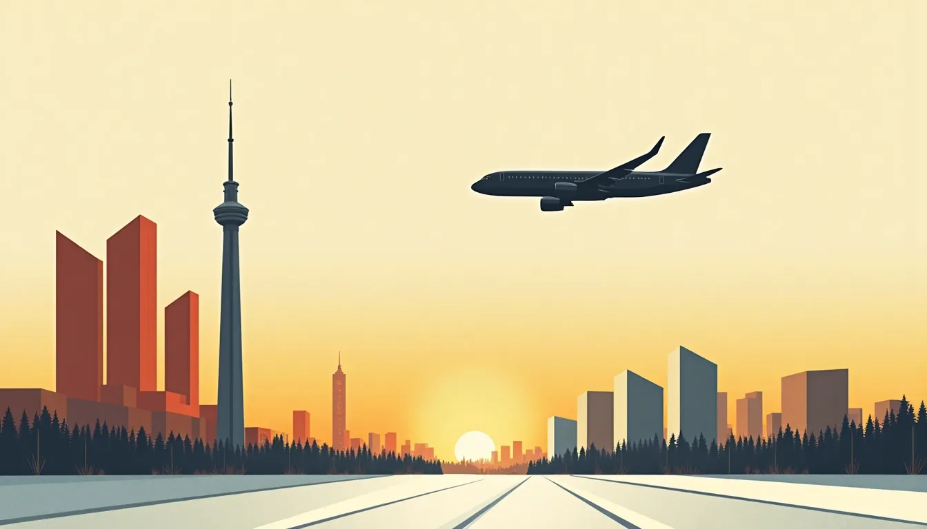 Airliner taking off at sunrise above the modern towers of Astana and the snow-covered plain