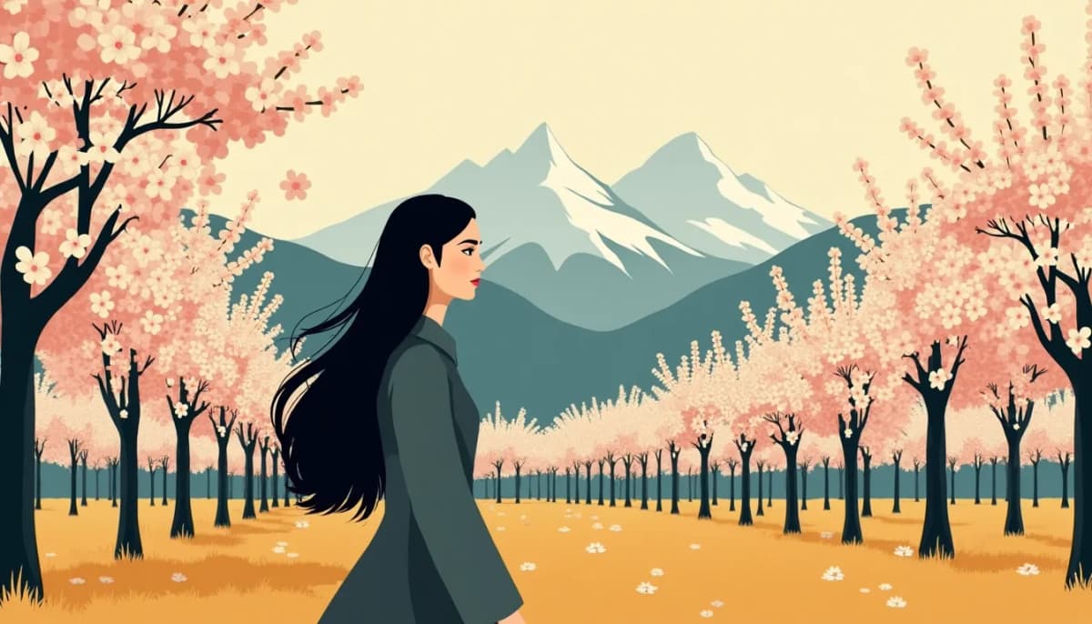 Kazakh woman with long dark hair in an avenue of apple trees in blossom in Almaty, the snowy Tian Shan behind her