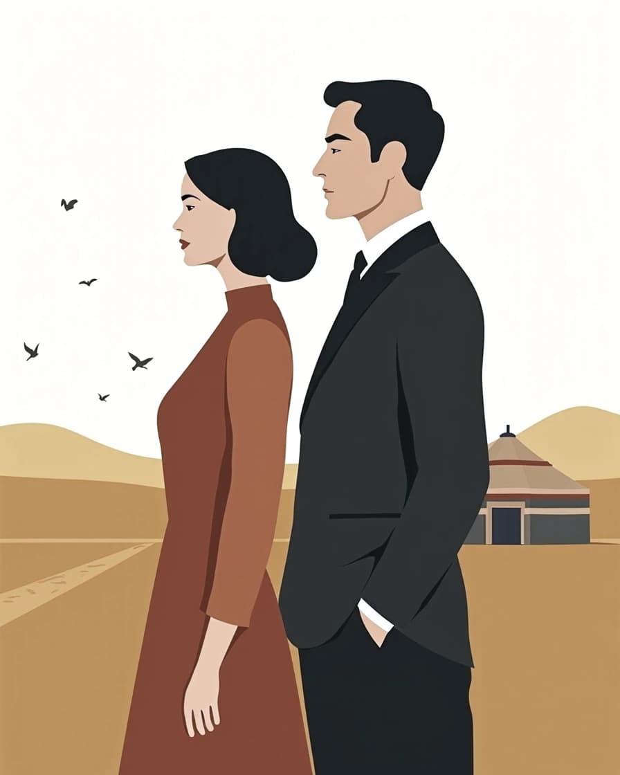 Couple franco-mongol devant la steppe et Oulan-Bator — femme mongole