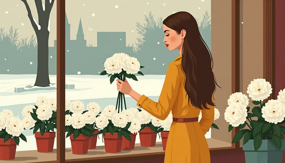 Femme russe aux longs cheveux châtains composant un bouquet de pivoines blanches chez un fleuriste de Moscou
