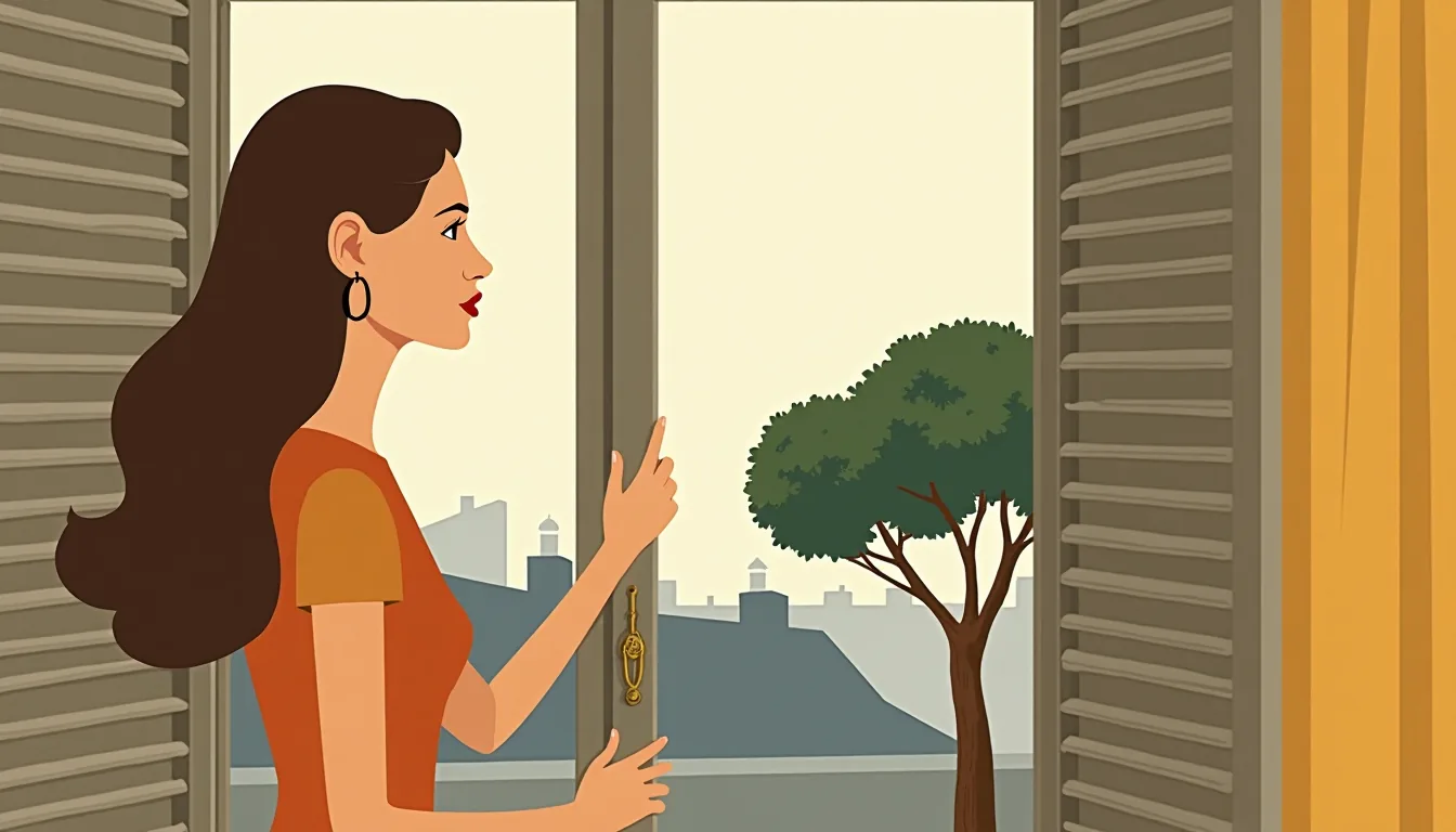 Femme russe aux longs cheveux châtains ouvrant les volets d’un appartement français sur les toits de zinc
