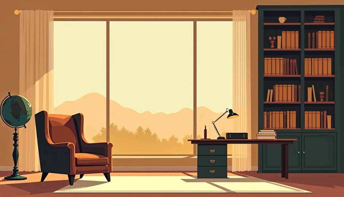 Private study with a leather armchair, a globe and a closed dossier on the desk