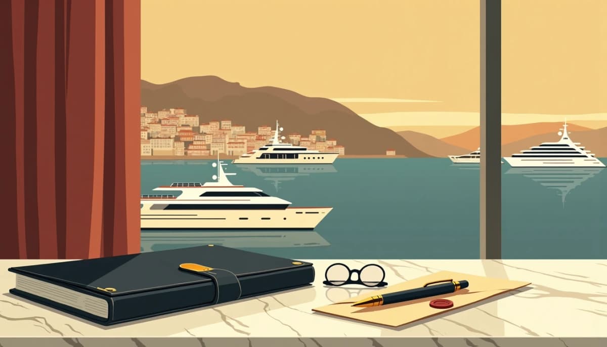 Closed leather folder and a wax-sealed envelope on a marble table, the harbour of Monaco through the window