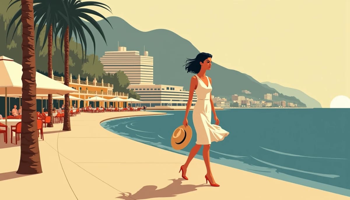 Russian woman walking along the Larvotto seafront in Monaco at dusk, the towers of Monte-Carlo behind her