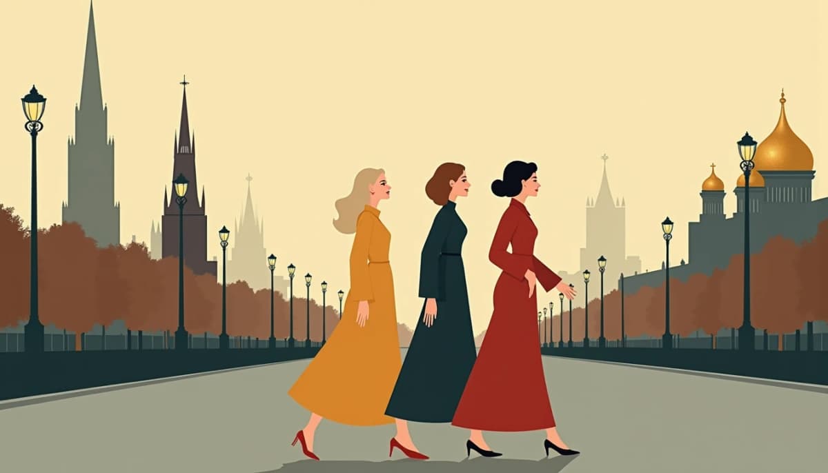 Three elegant Russian women walking together along a Moscow boulevard at golden hour