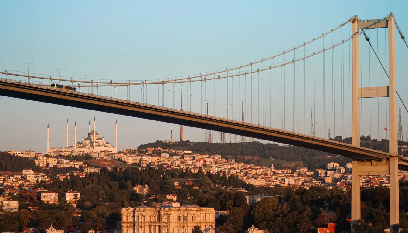 The Bosphorus Bridge and Çamlıca Mosque in Istanbul at sunset