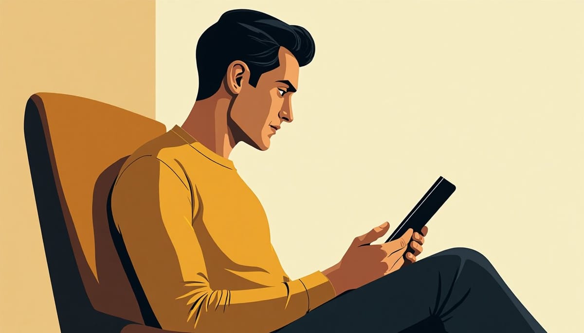 Un homme lit des avis sur une tablette dans un fauteuil