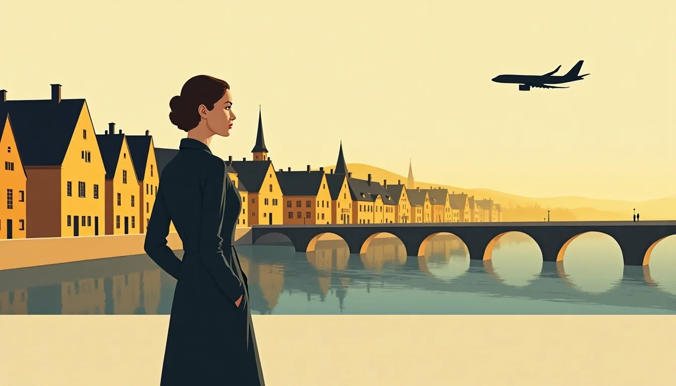Femme élégante sur un quai de ville française, avion au loin