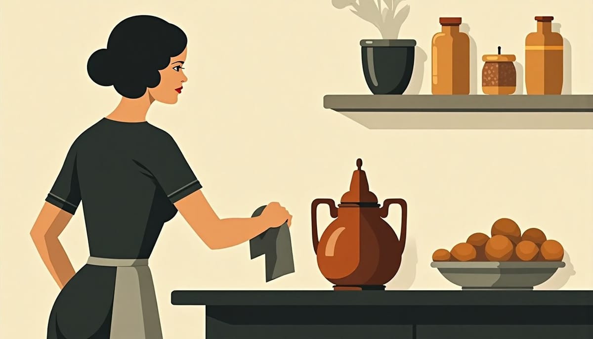 Femme astiquant un samovar sur une table de cuisine
