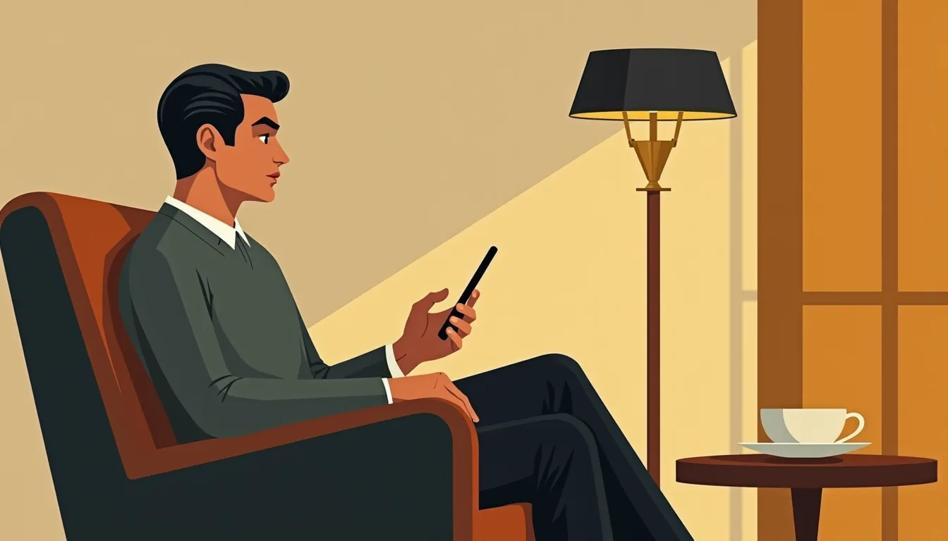 Homme de dos dans un fauteuil club, smartphone à la main