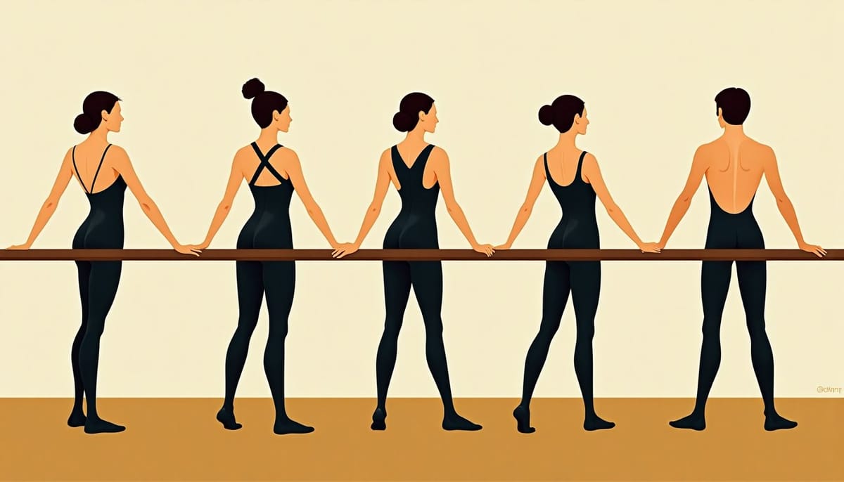 Cours de danse à la barre, cinq silhouettes alignées