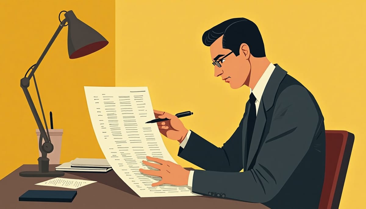 Un homme lit une grille de tarifs à son bureau, un stylo à la main
