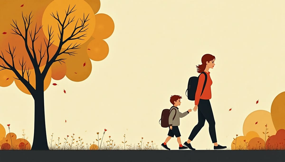 Une jeune femme et son petit garçon marchent vers l'école un matin d'automne
