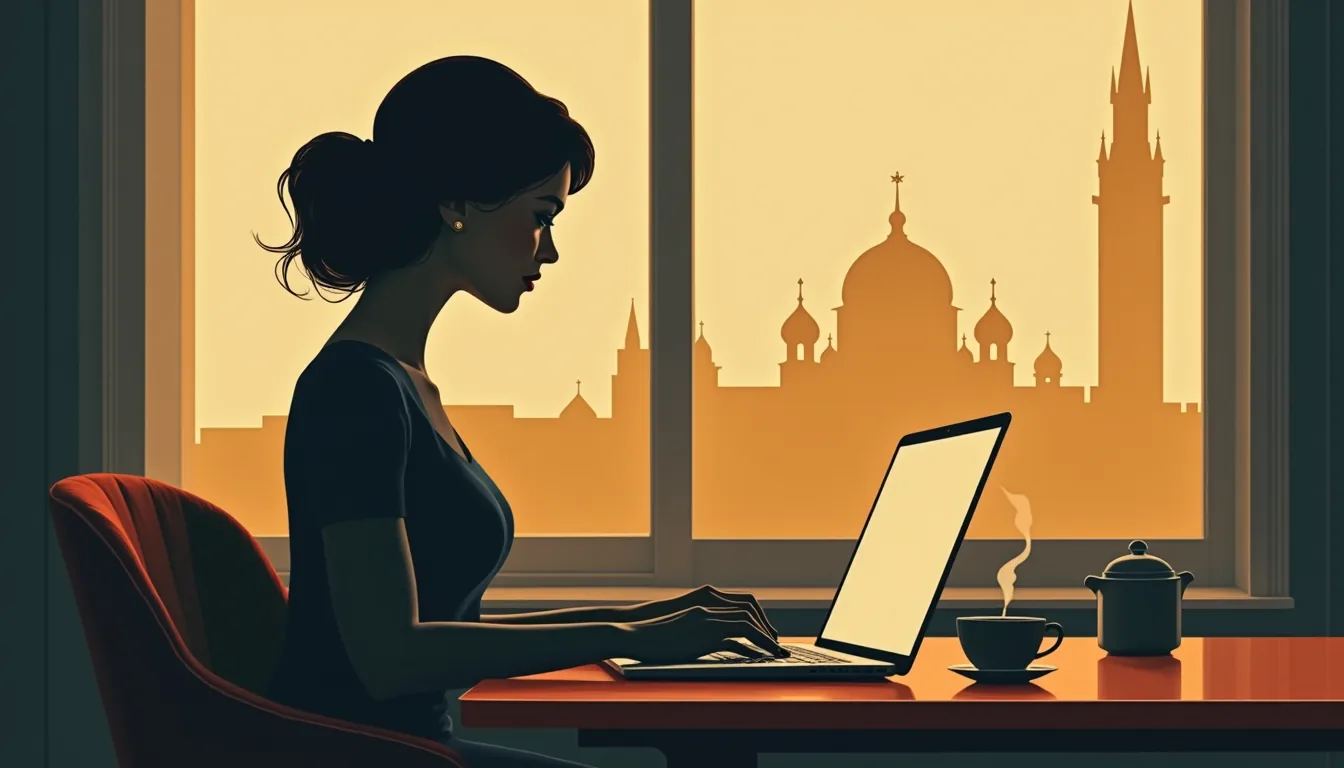 Femme de profil devant un ordinateur portable allumé, tard le soir