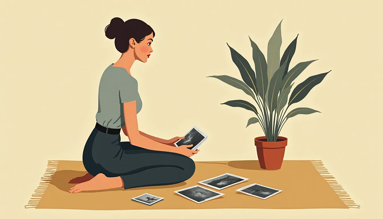 A woman sorting old photographs on a rug