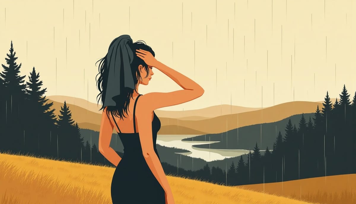 A woman drying her hair with a towel after a rain shower