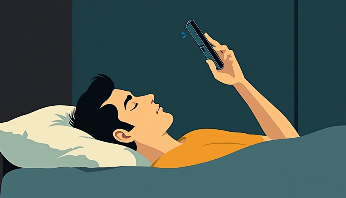 A man lying awake at night, lit by his phone screen