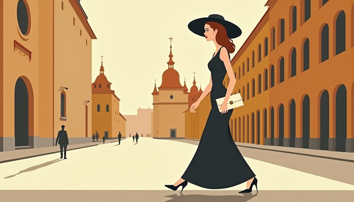Femme slave blonde en robe noire élégante et chapeau dans une rue moderne