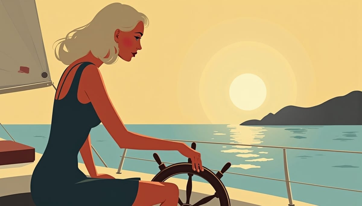 Illustration mid-century d'une femme slave élégante, posture calme et assurée