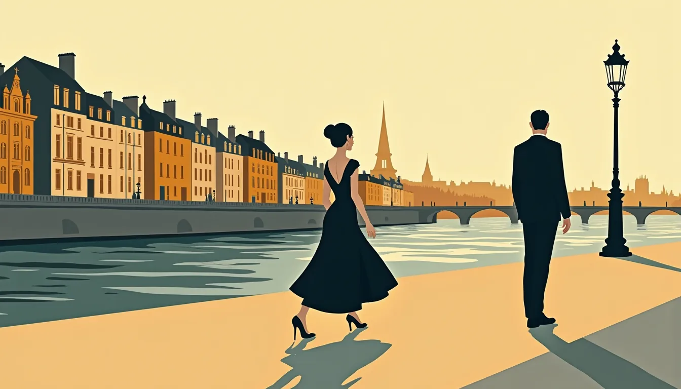 Illustration mid-century d'un homme immobile regardant une femme s'éloigner