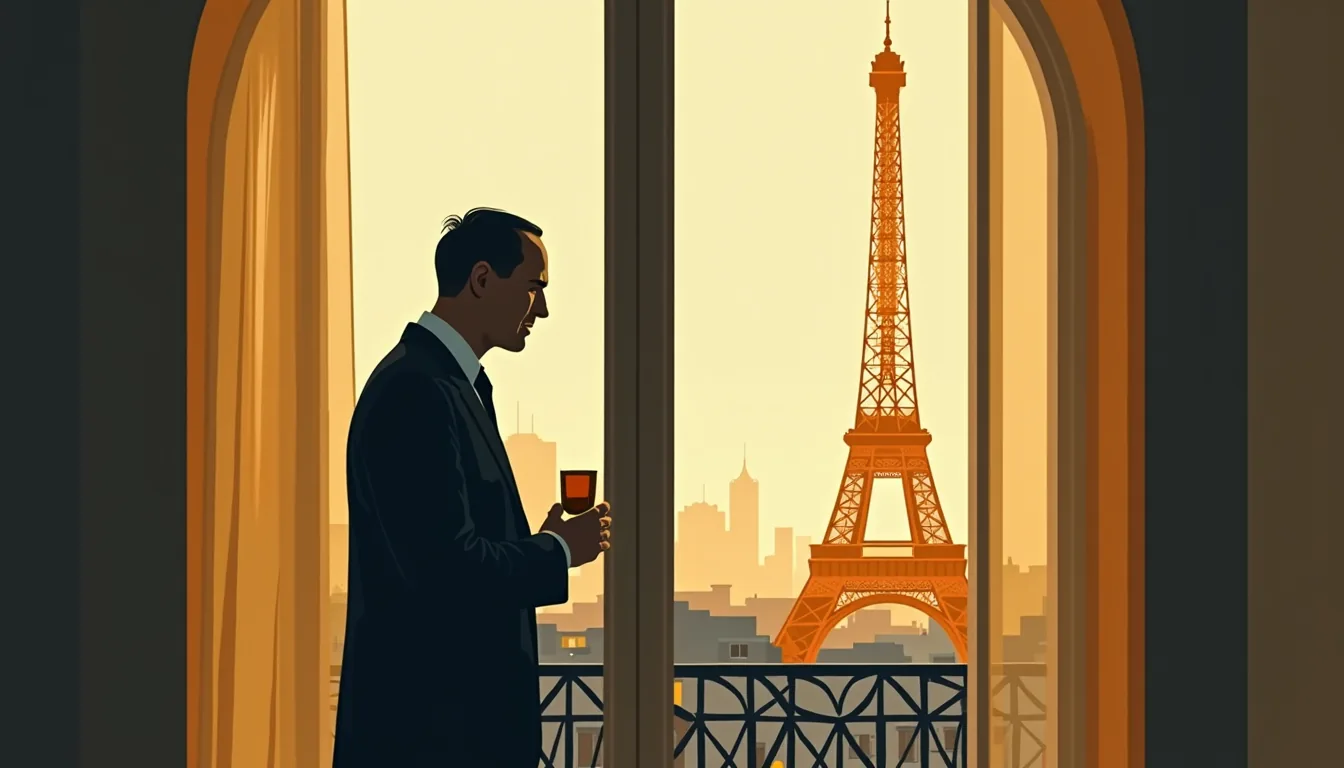 Homme de dos à une fenêtre parisienne, tour Eiffel au crépuscule