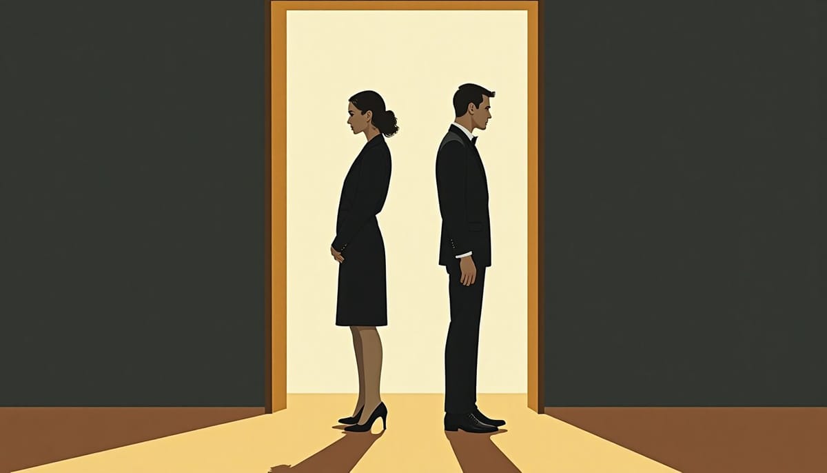 Mid-century illustration of a couple back to back, each locked in a role