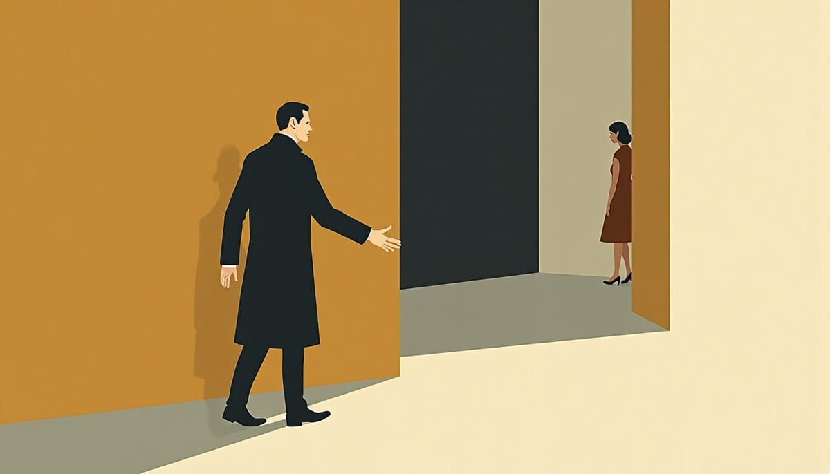 Mid-century illustration of a man reaching out toward a figure who pulls away