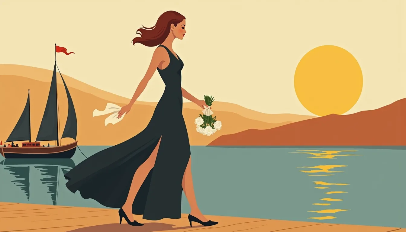 Femme marchant sur un ponton avec un bouquet de pivoines blanches
