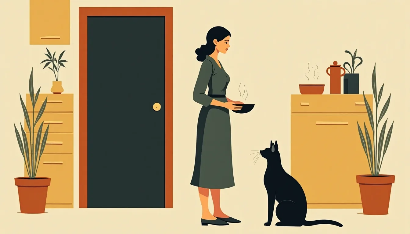 A woman feeding a cat at the kitchen door