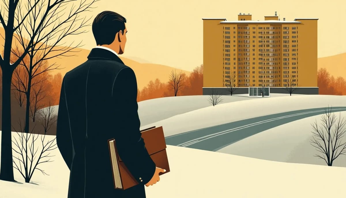 Man seen from behind with a document folder, facing a snowy apartment block
