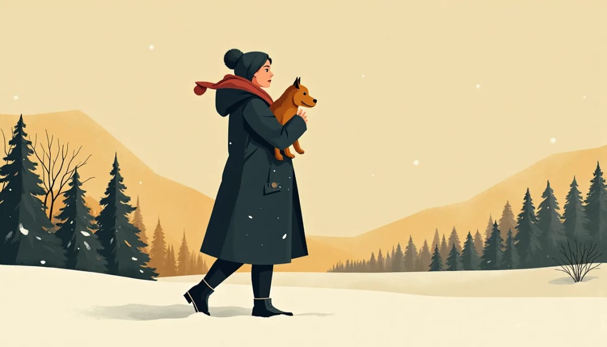 Woman walking through falling snow with a small dog in her arms