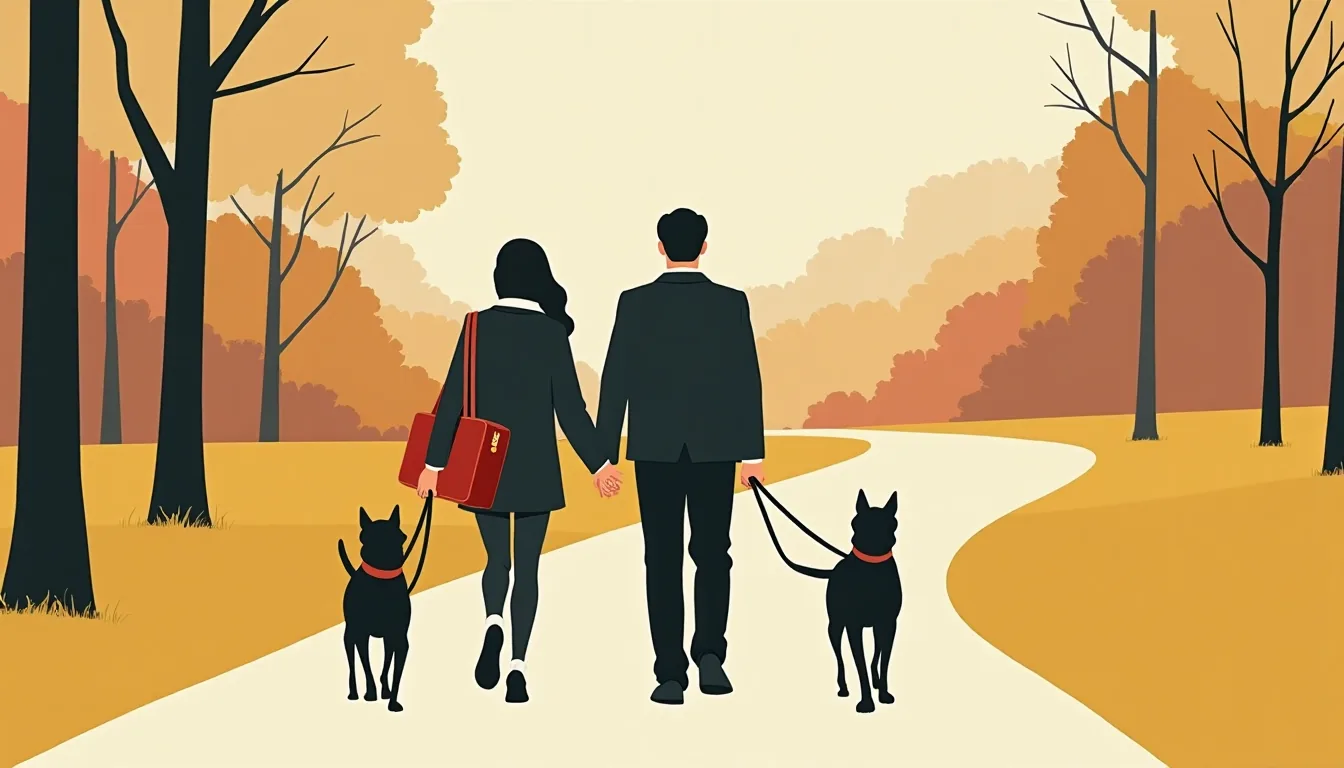 Couple seen from behind walking two dogs along a park path