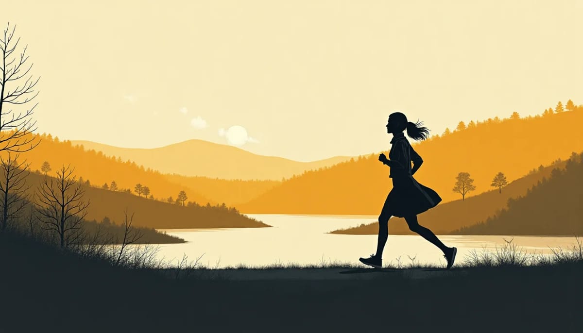 A woman running along an empty embankment at dawn