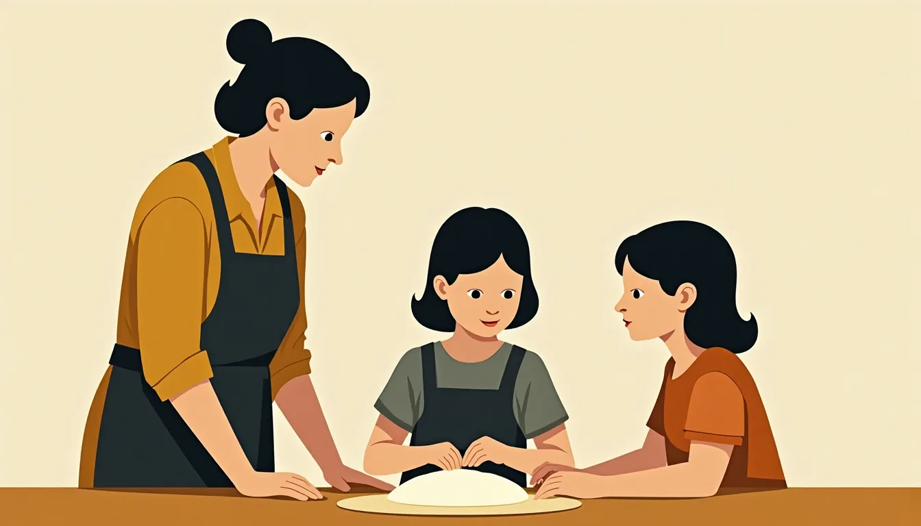A grandmother teaching a girl to knead dough