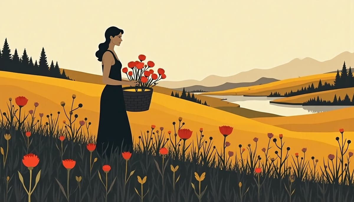 A woman cutting roses into a flat basket